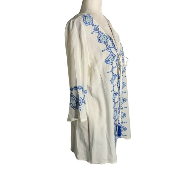 Solitaire Boho Cover Up Embroidered Tunic M White V Neck Lace Up Tassels - Picture 6 of 7